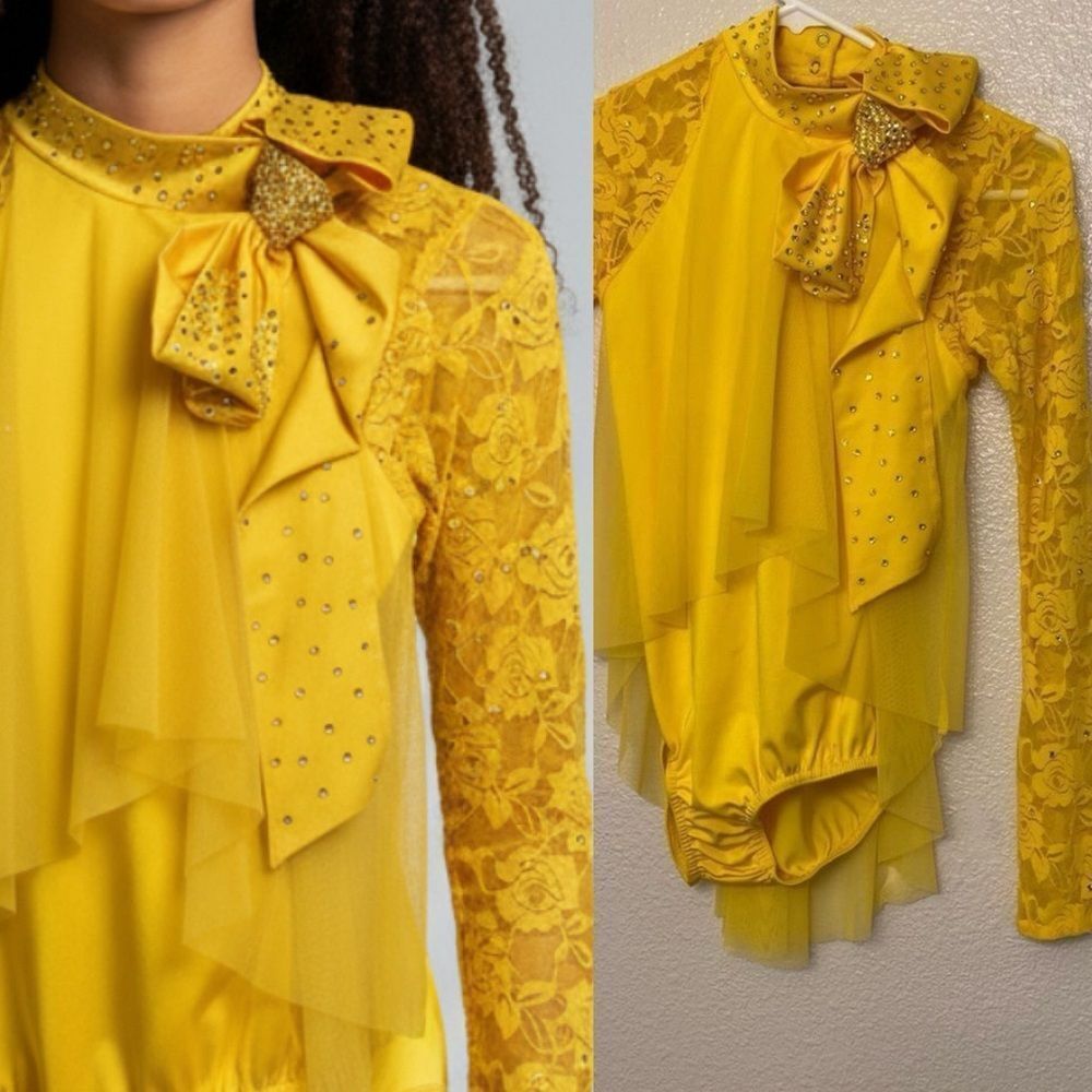 Kelle dance jazz lyrical costume yellow lace semi custom rhinestoned child LC